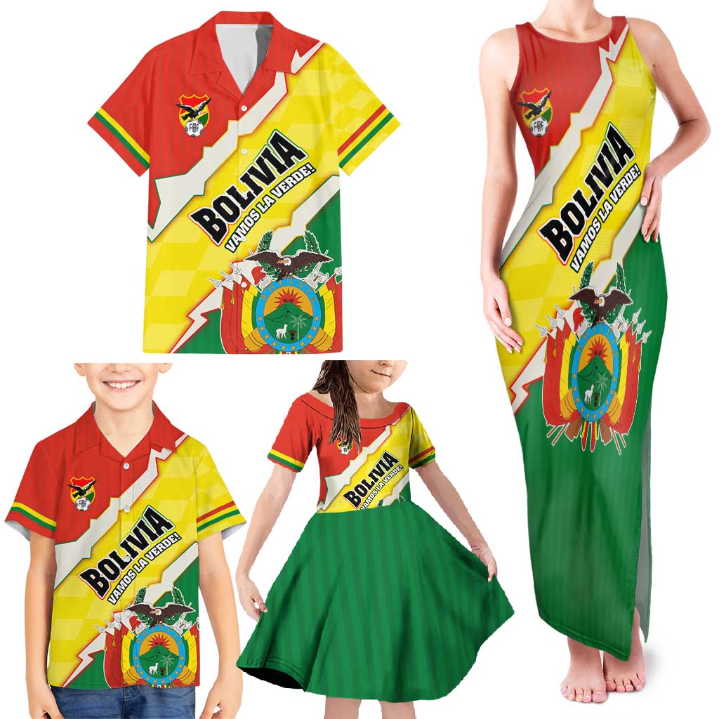 Bolivia Vamos La Verde Family Matching Tank Maxi Dress and Hawaiian Shirt with Flag Colors and National Football Crest