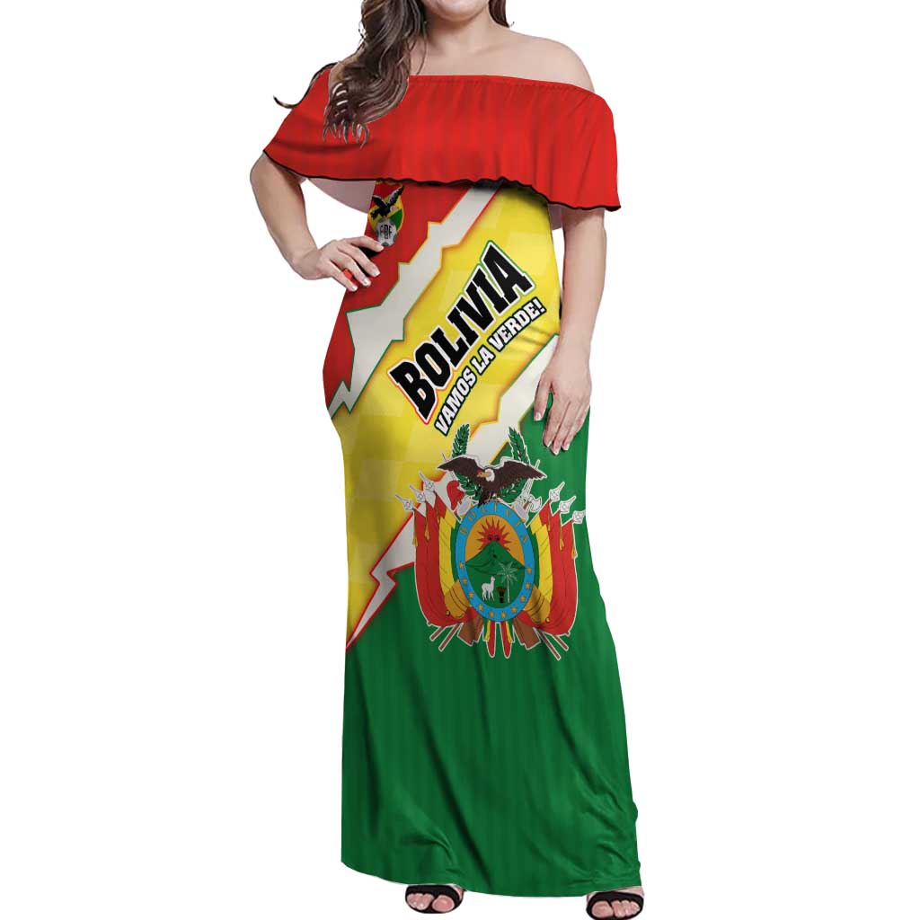 Bolivia Vamos La Verde Off Shoulder Maxi Dress with Flag Colors and National Football Crest