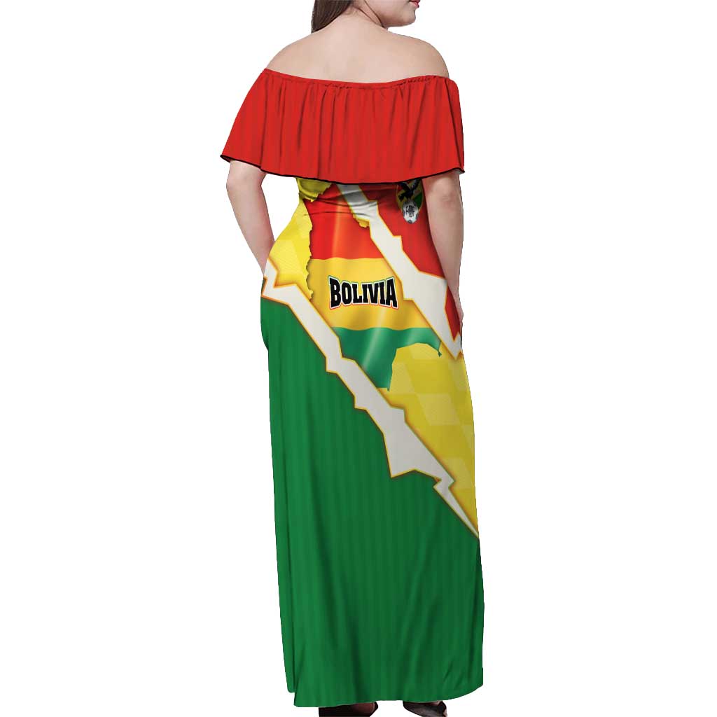 Bolivia Vamos La Verde Off Shoulder Maxi Dress with Flag Colors and National Football Crest