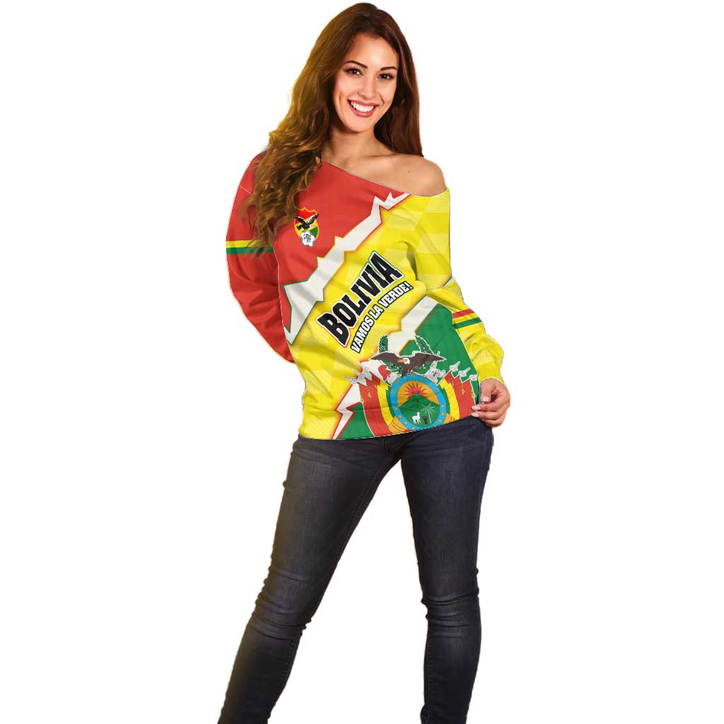 Bolivia Vamos La Verde Off Shoulder Sweater with Flag Colors and National Football Crest