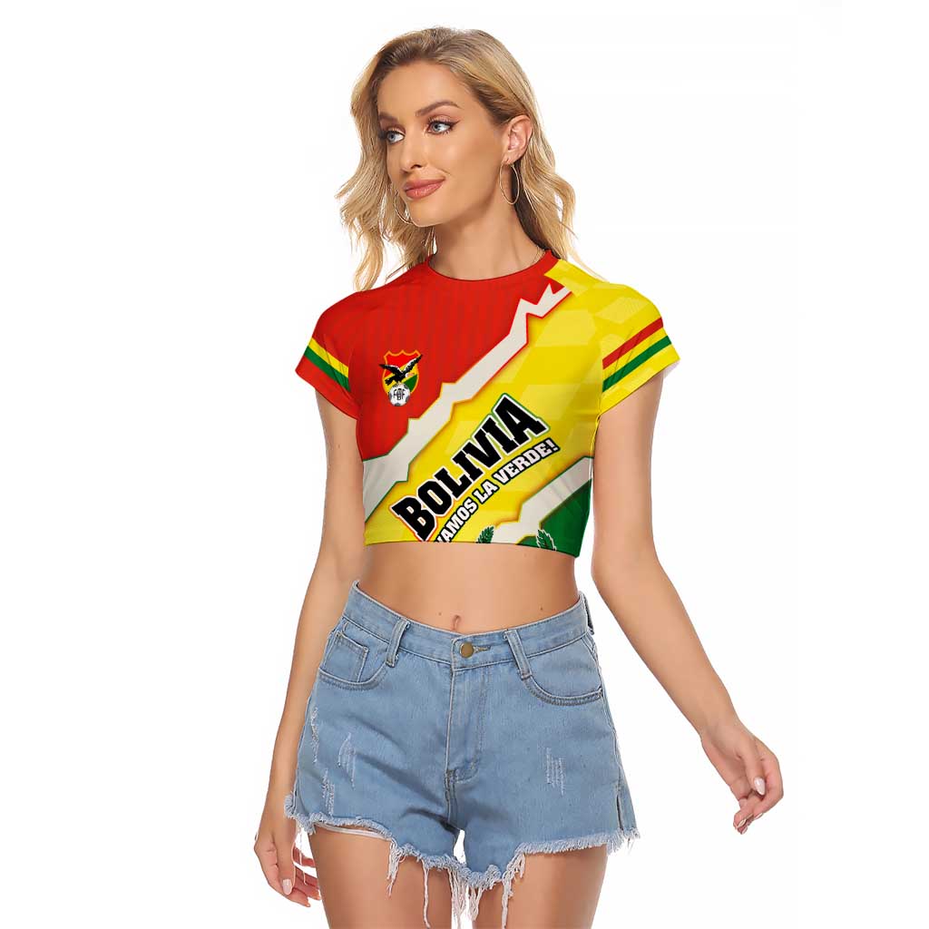 Bolivia Vamos La Verde Raglan Cropped T Shirt with Flag Colors and National Football Crest