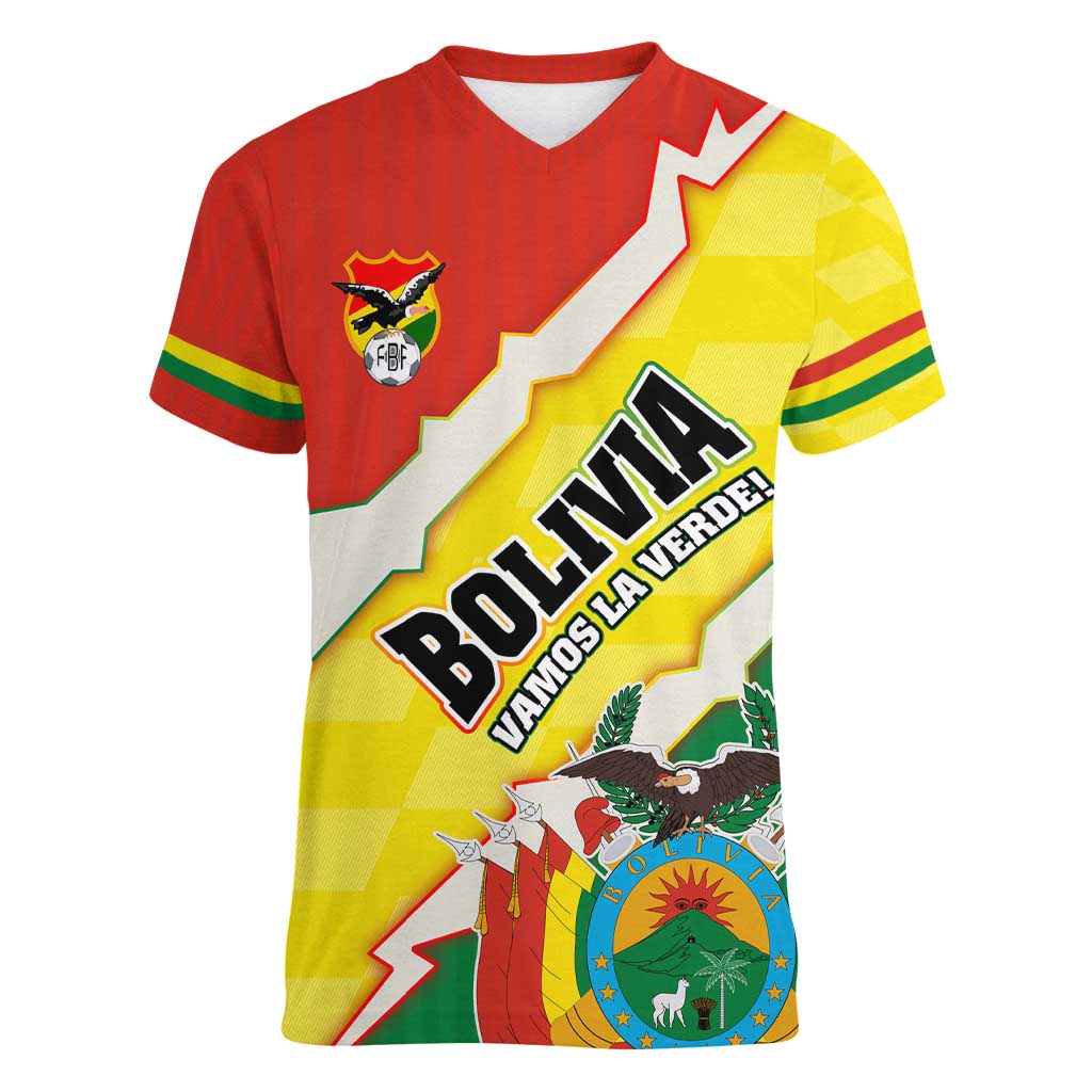 Bolivia Vamos La Verde Women V-Neck T-Shirt with Flag Colors and National Football Crest
