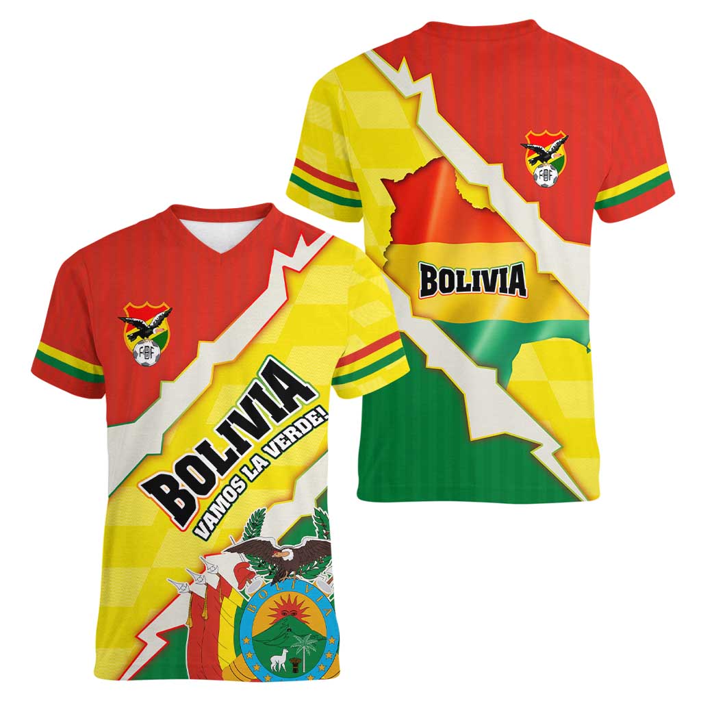 Bolivia Vamos La Verde Women V-Neck T-Shirt with Flag Colors and National Football Crest