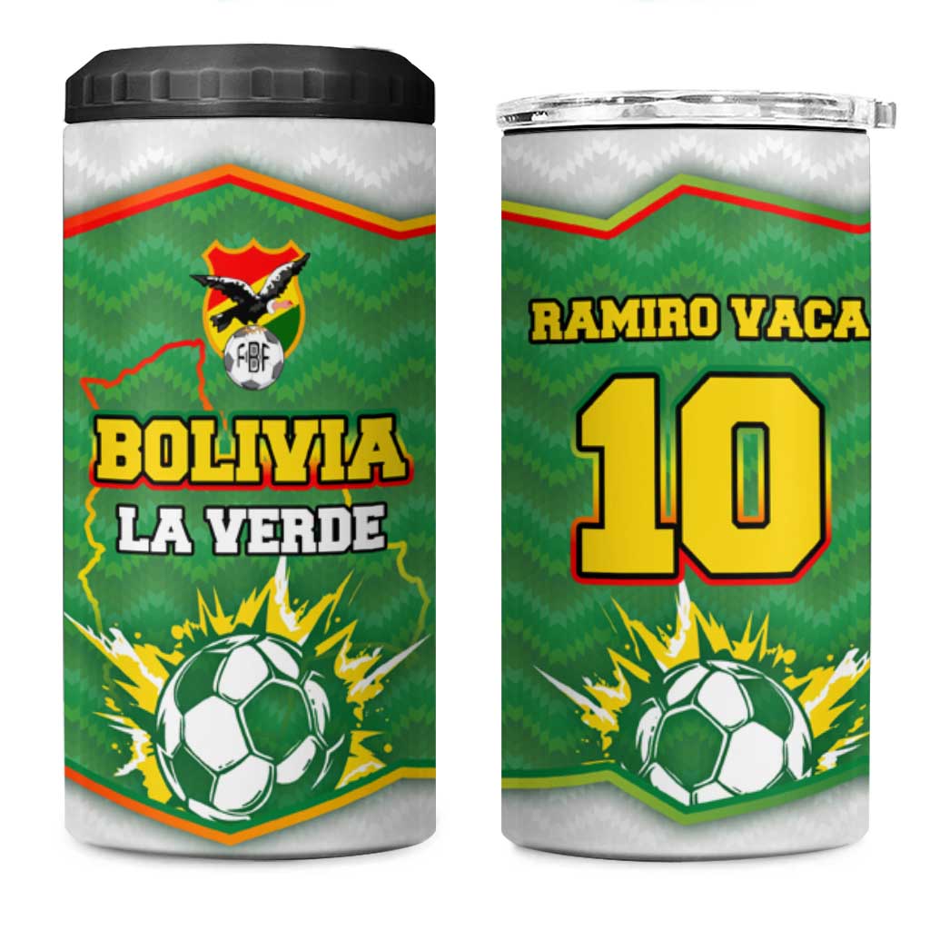 Bolivia La Verde Soccer 4 in 1 Can Cooler Tumbler with Number and Flaming Ball Graphic