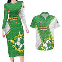 Personalized Bolivia La Verde Soccer Couples Matching Long Sleeve Bodycon Dress and Hawaiian Shirt with Number and Flaming Ball Graphic