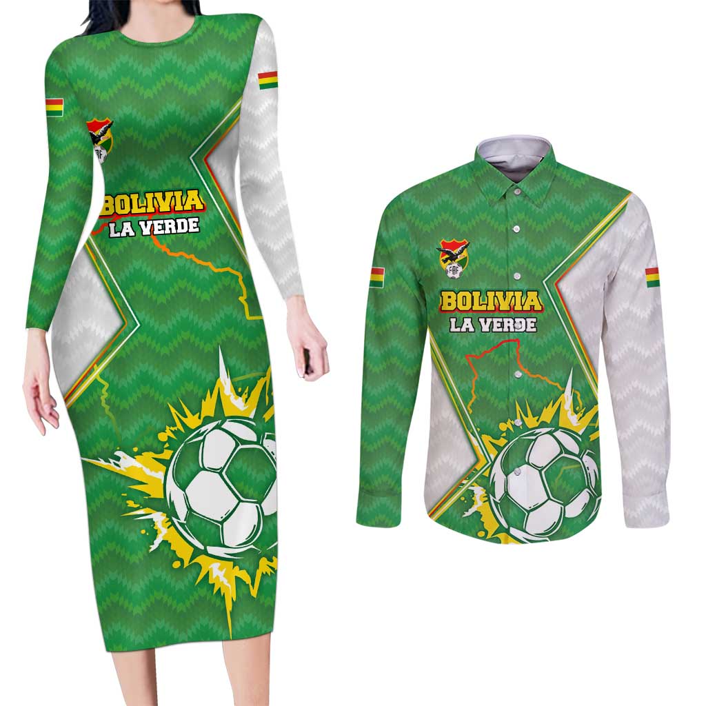 Personalized Bolivia La Verde Soccer Couples Matching Long Sleeve Bodycon Dress and Long Sleeve Button Shirt with Number and Flaming Ball Graphic