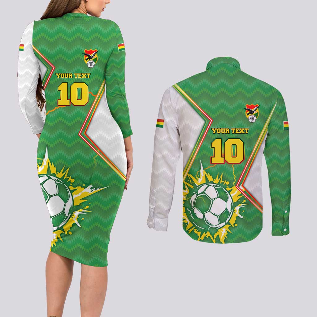 Personalized Bolivia La Verde Soccer Couples Matching Long Sleeve Bodycon Dress and Long Sleeve Button Shirt with Number and Flaming Ball Graphic TS04