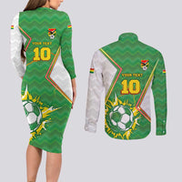 Personalized Bolivia La Verde Soccer Couples Matching Long Sleeve Bodycon Dress and Long Sleeve Button Shirt with Number and Flaming Ball Graphic TS04