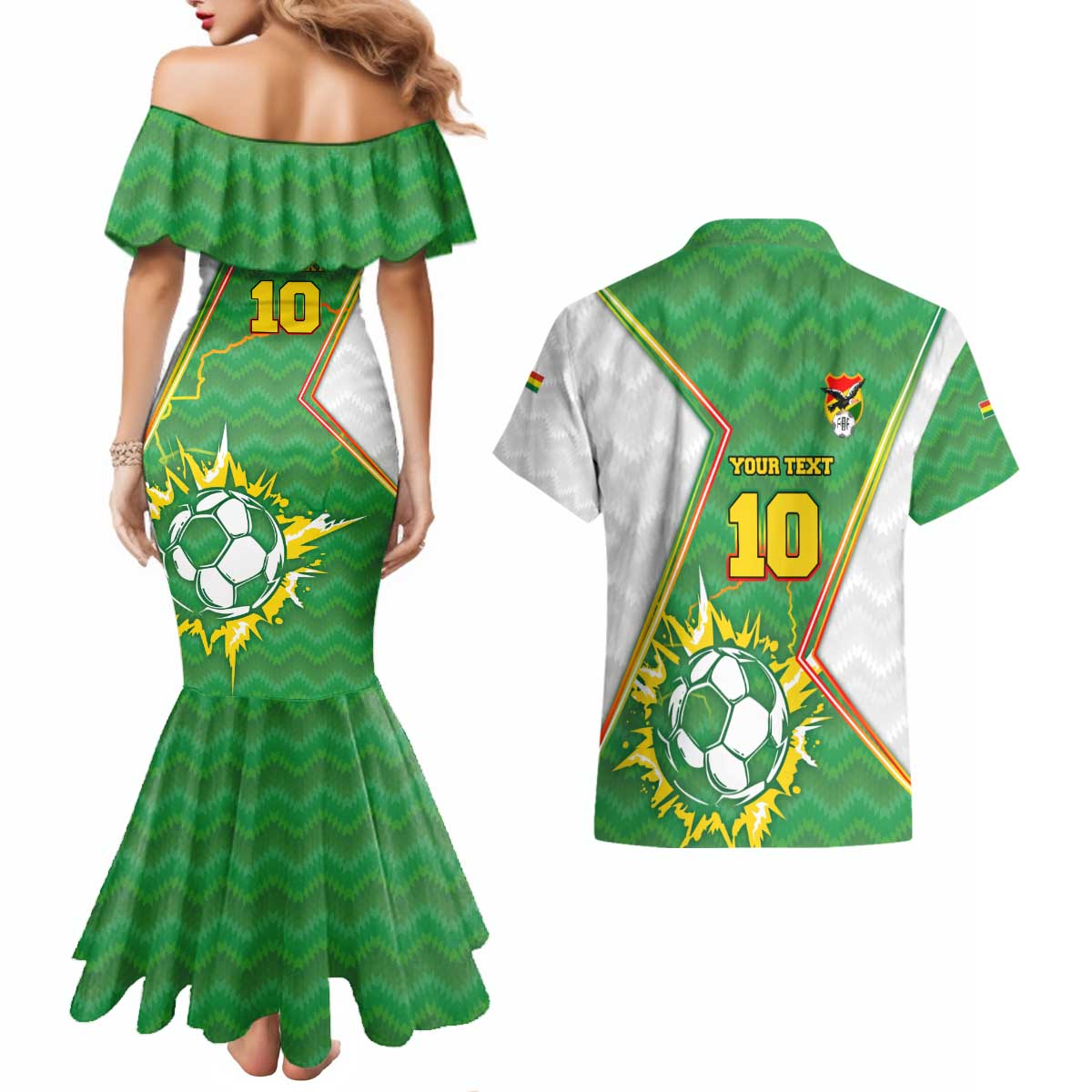 Personalized Bolivia La Verde Soccer Couples Matching Mermaid Dress and Hawaiian Shirt with Number and Flaming Ball Graphic TS04