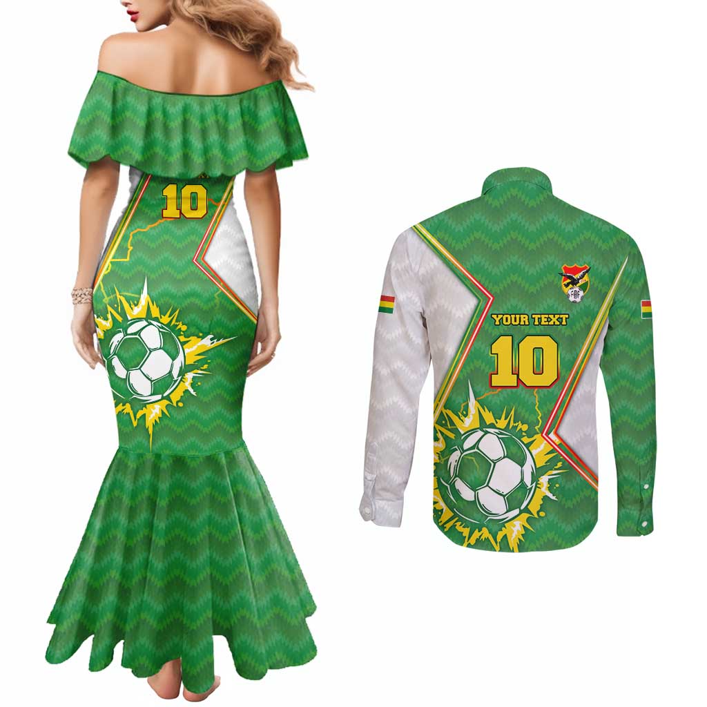 Personalized Bolivia La Verde Soccer Couples Matching Mermaid Dress and Long Sleeve Button Shirt with Number and Flaming Ball Graphic TS04