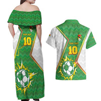 Personalized Bolivia La Verde Soccer Couples Matching Off Shoulder Maxi Dress and Hawaiian Shirt with Number and Flaming Ball Graphic TS04