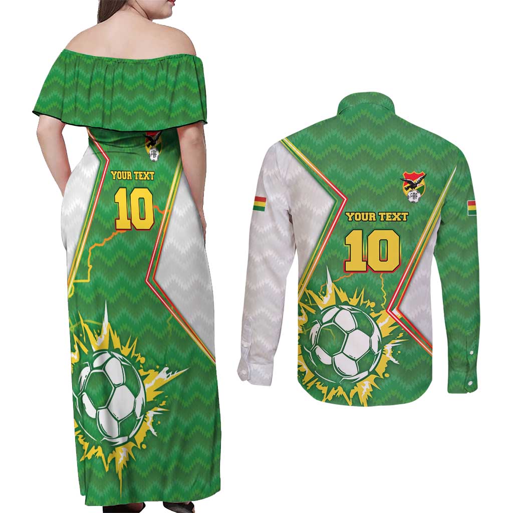 Personalized Bolivia La Verde Soccer Couples Matching Off Shoulder Maxi Dress and Long Sleeve Button Shirt with Number and Flaming Ball Graphic TS04