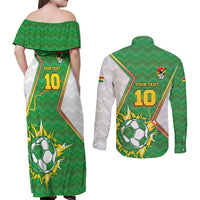 Personalized Bolivia La Verde Soccer Couples Matching Off Shoulder Maxi Dress and Long Sleeve Button Shirt with Number and Flaming Ball Graphic TS04