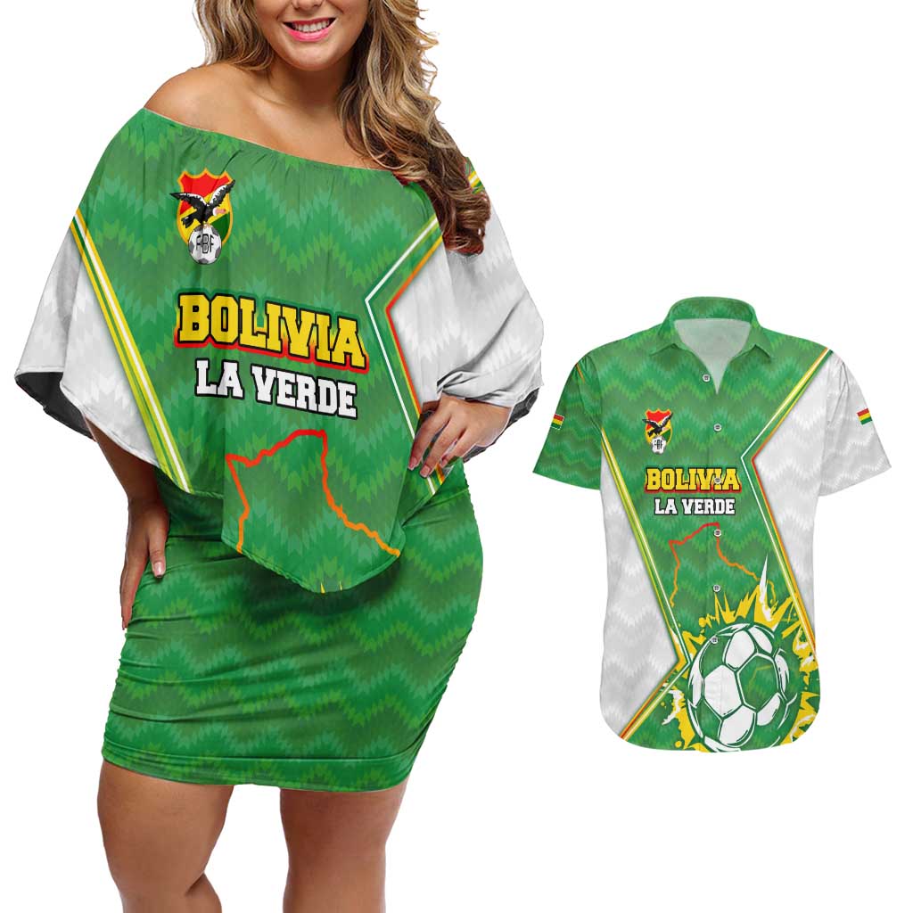 Personalized Bolivia La Verde Soccer Couples Matching Off Shoulder Short Dress and Hawaiian Shirt with Number and Flaming Ball Graphic