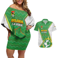 Personalized Bolivia La Verde Soccer Couples Matching Off Shoulder Short Dress and Hawaiian Shirt with Number and Flaming Ball Graphic