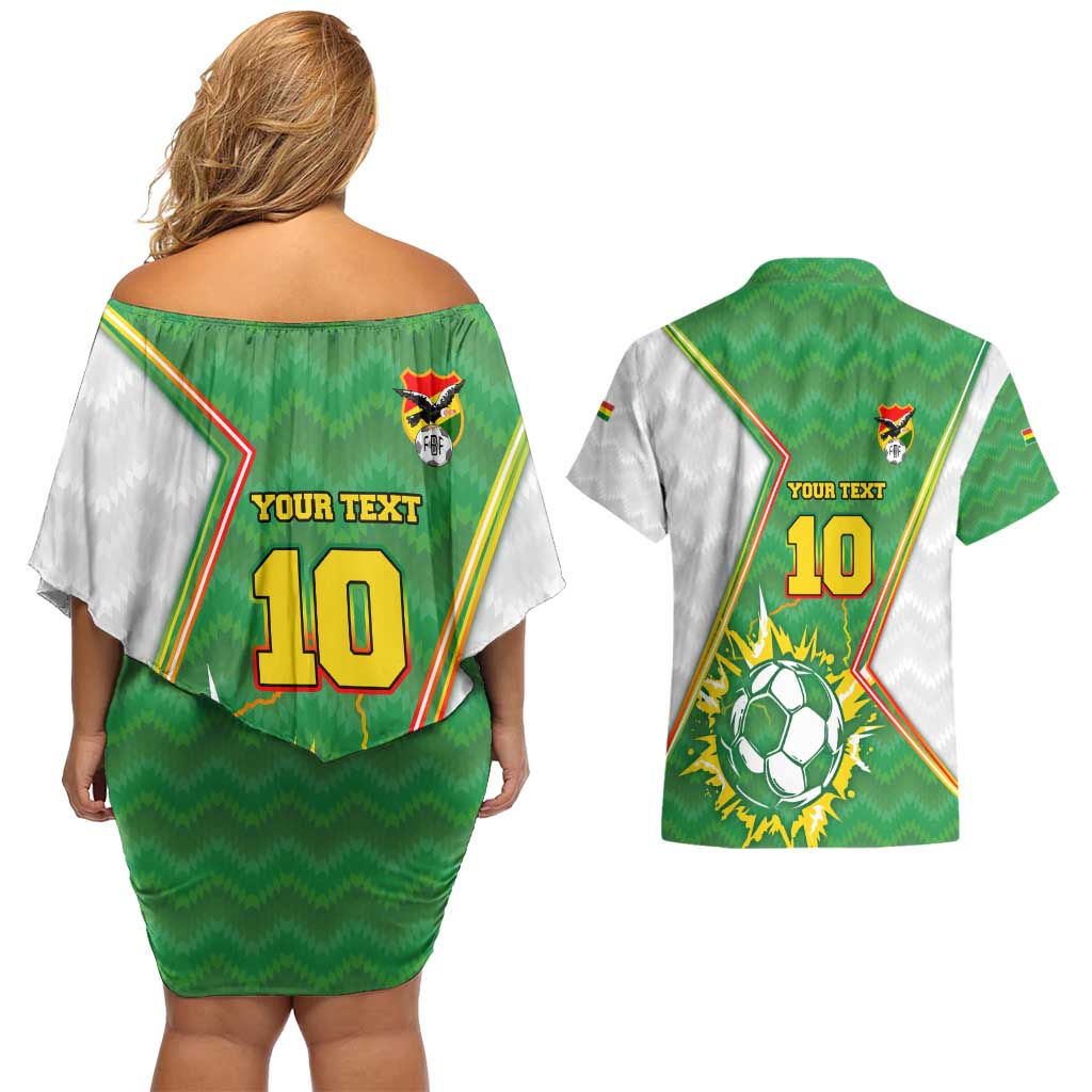 Personalized Bolivia La Verde Soccer Couples Matching Off Shoulder Short Dress and Hawaiian Shirt with Number and Flaming Ball Graphic TS04