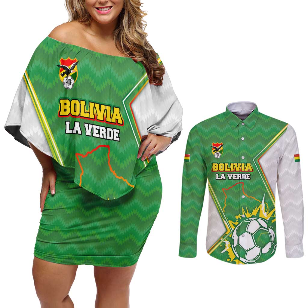 Personalized Bolivia La Verde Soccer Couples Matching Off Shoulder Short Dress and Long Sleeve Button Shirt with Number and Flaming Ball Graphic