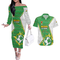 Personalized Bolivia La Verde Soccer Couples Matching Off The Shoulder Long Sleeve Dress and Hawaiian Shirt with Number and Flaming Ball Graphic