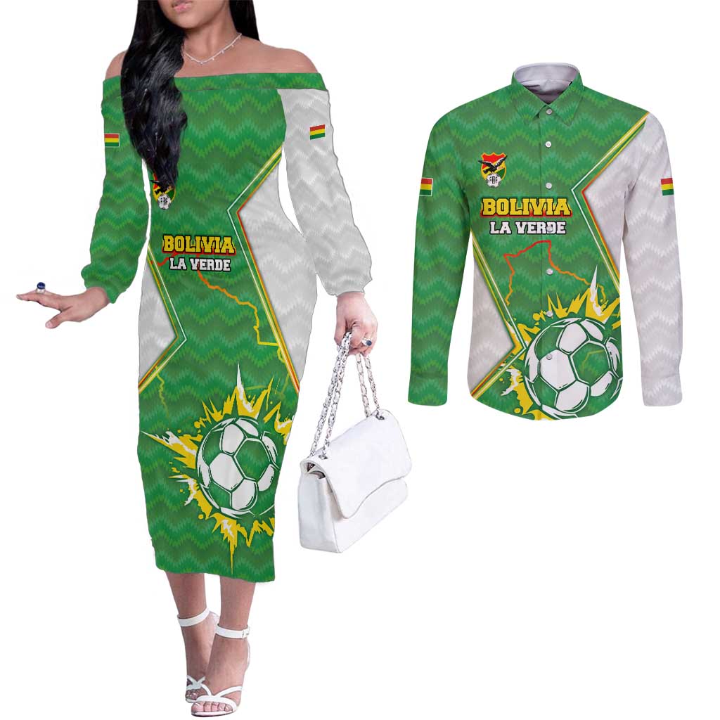 Personalized Bolivia La Verde Soccer Couples Matching Off The Shoulder Long Sleeve Dress and Long Sleeve Button Shirt with Number and Flaming Ball Graphic