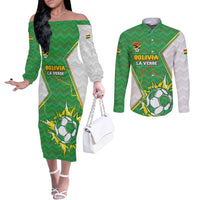 Personalized Bolivia La Verde Soccer Couples Matching Off The Shoulder Long Sleeve Dress and Long Sleeve Button Shirt with Number and Flaming Ball Graphic