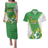 Personalized Bolivia La Verde Soccer Couples Matching Puletasi and Hawaiian Shirt with Number and Flaming Ball Graphic