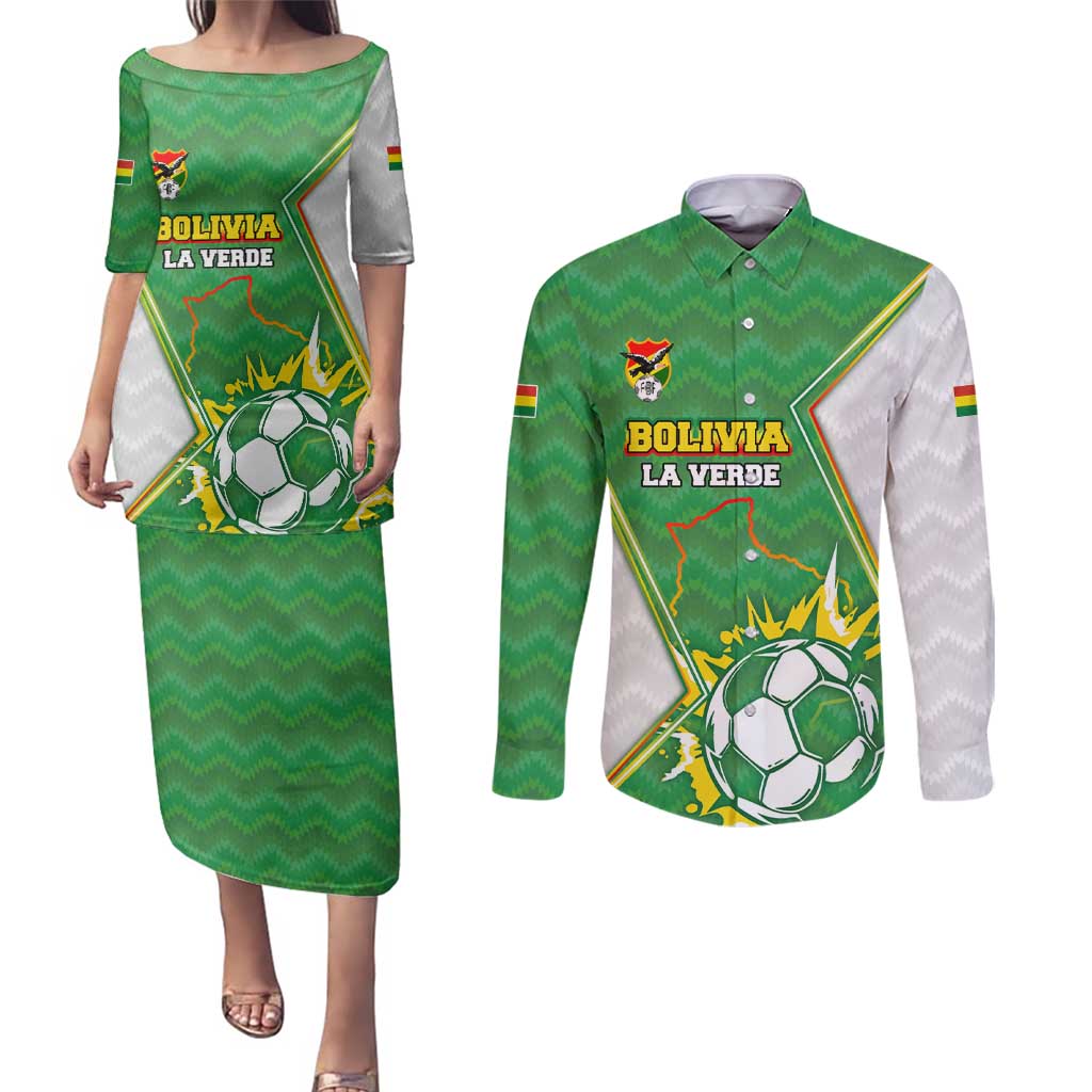 Personalized Bolivia La Verde Soccer Couples Matching Puletasi and Long Sleeve Button Shirt with Number and Flaming Ball Graphic