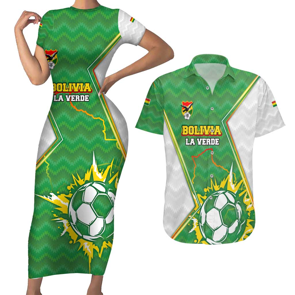 Personalized Bolivia La Verde Soccer Couples Matching Short Sleeve Bodycon Dress and Hawaiian Shirt with Number and Flaming Ball Graphic