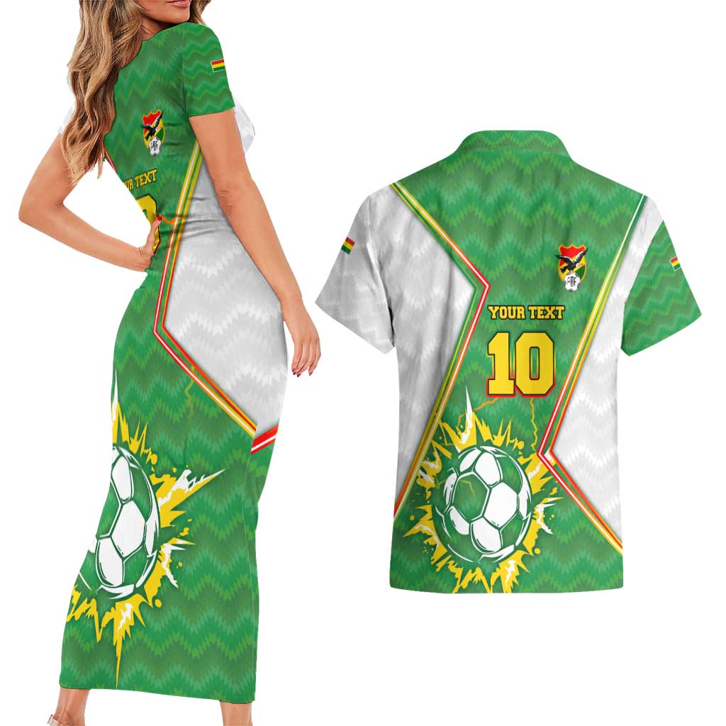 Personalized Bolivia La Verde Soccer Couples Matching Short Sleeve Bodycon Dress and Hawaiian Shirt with Number and Flaming Ball Graphic TS04