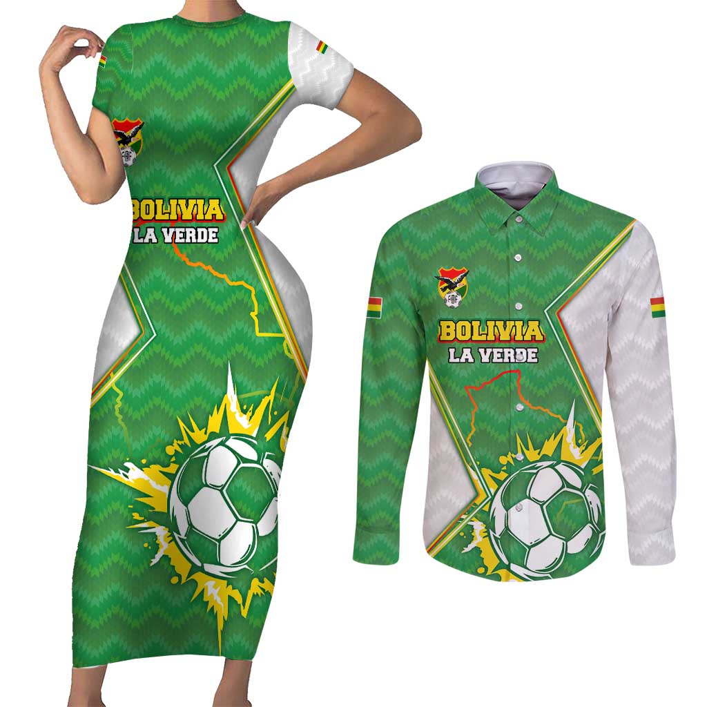 Personalized Bolivia La Verde Soccer Couples Matching Short Sleeve Bodycon Dress and Long Sleeve Button Shirt with Number and Flaming Ball Graphic