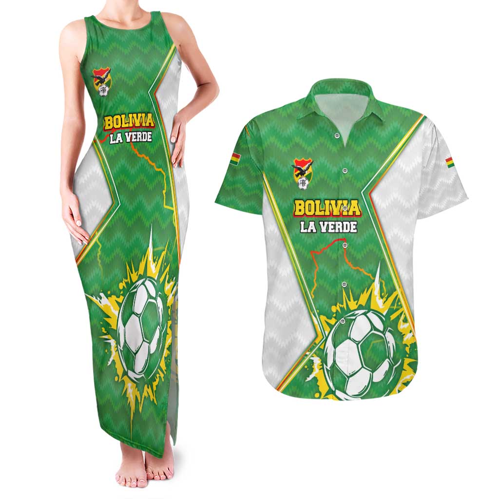 Personalized Bolivia La Verde Soccer Couples Matching Tank Maxi Dress and Hawaiian Shirt with Number and Flaming Ball Graphic