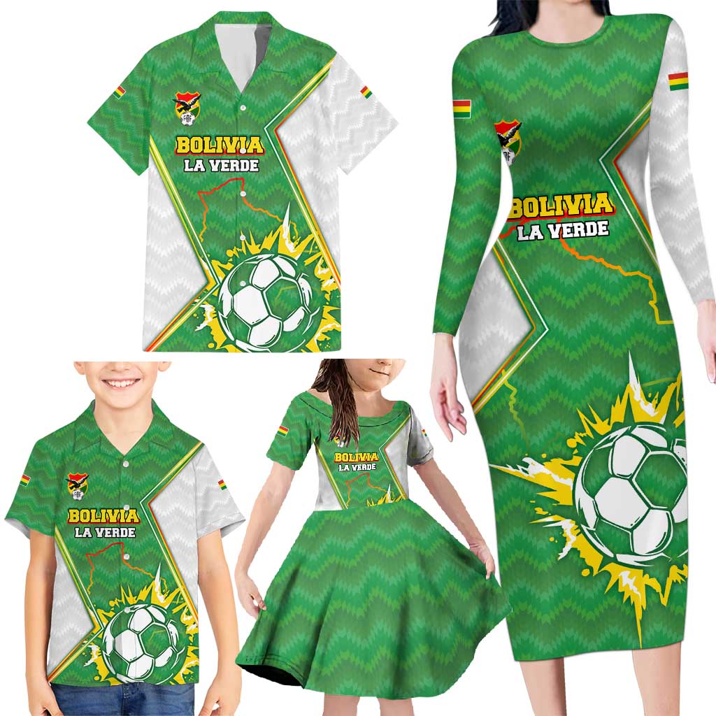 Personalized Bolivia La Verde Soccer Family Matching Long Sleeve Bodycon Dress and Hawaiian Shirt with Number and Flaming Ball Graphic