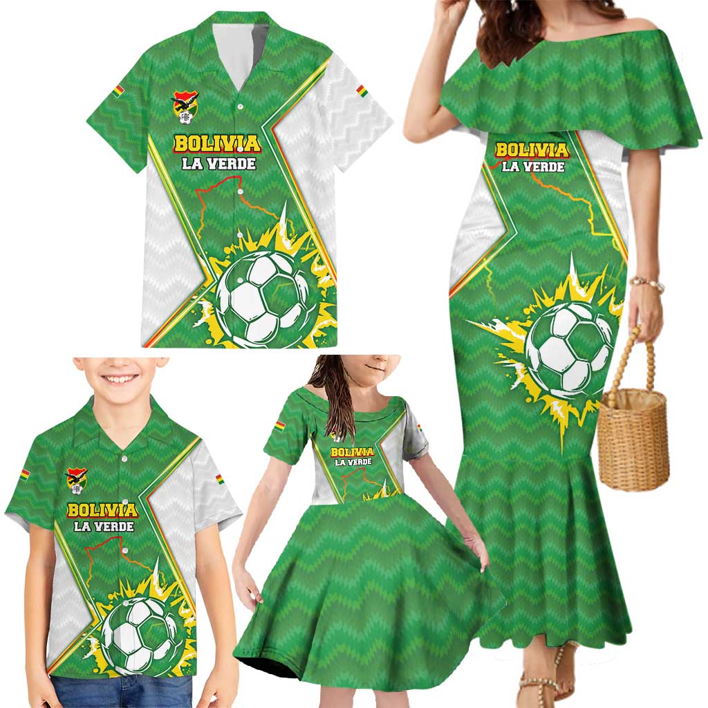 Personalized Bolivia La Verde Soccer Family Matching Mermaid Dress and Hawaiian Shirt with Number and Flaming Ball Graphic