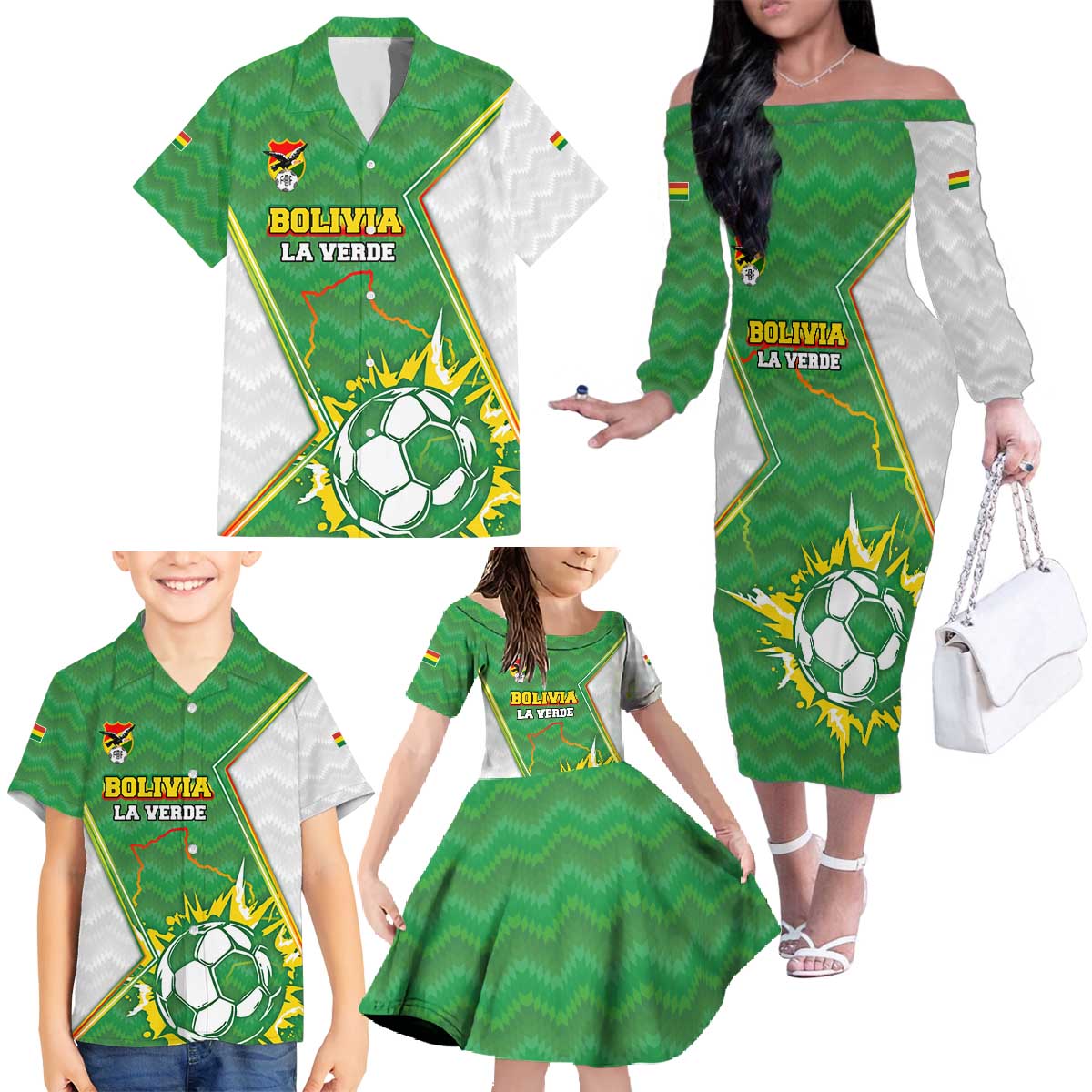 Personalized Bolivia La Verde Soccer Family Matching Off The Shoulder Long Sleeve Dress and Hawaiian Shirt with Number and Flaming Ball Graphic