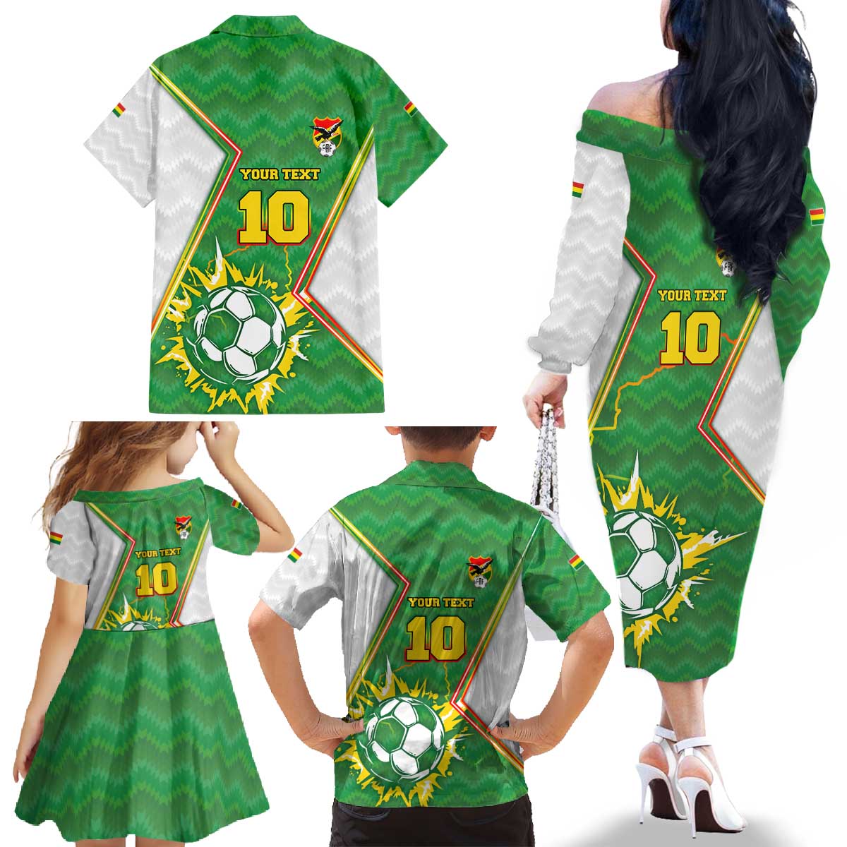 Personalized Bolivia La Verde Soccer Family Matching Off The Shoulder Long Sleeve Dress and Hawaiian Shirt with Number and Flaming Ball Graphic TS04