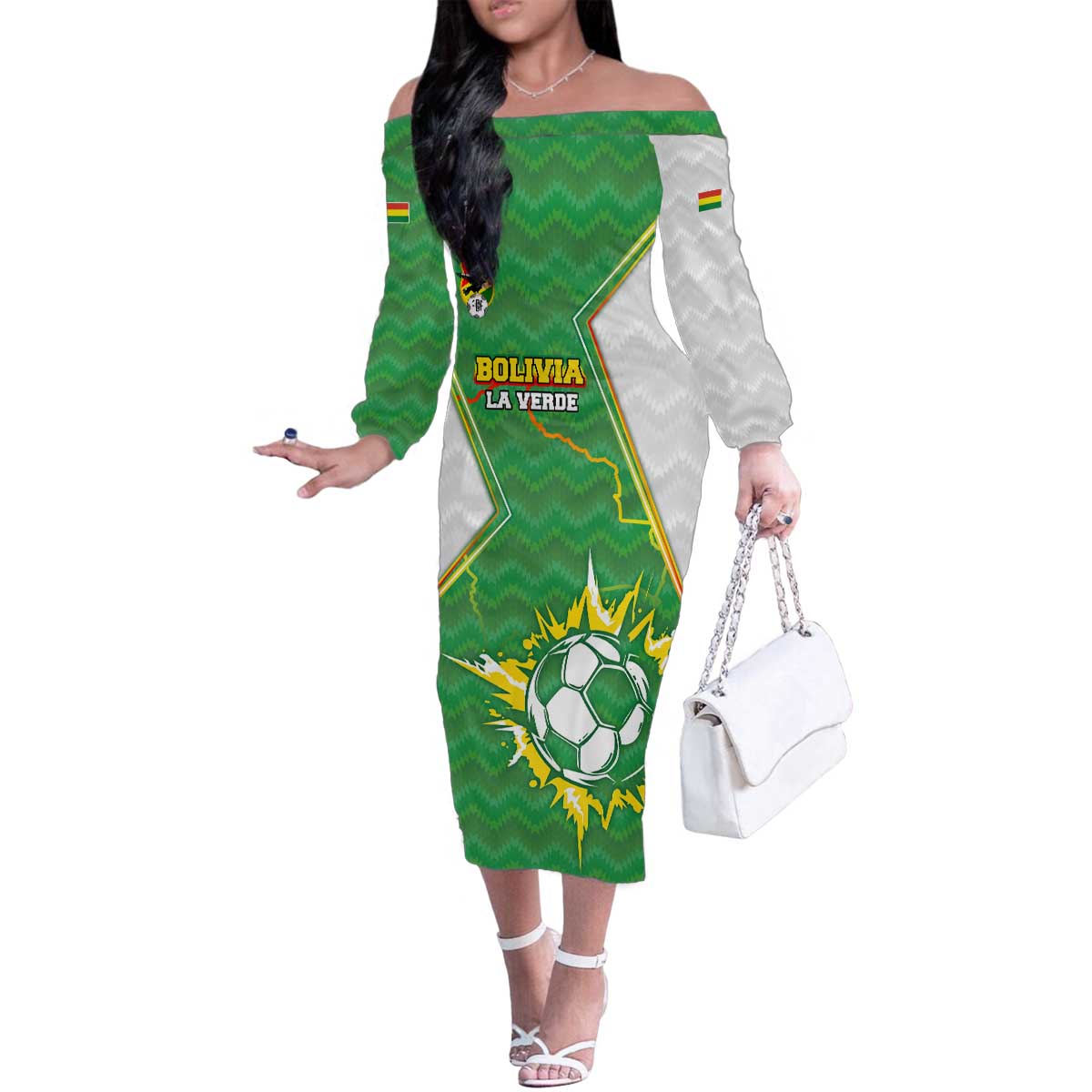 Personalized Bolivia La Verde Soccer Family Matching Off The Shoulder Long Sleeve Dress and Hawaiian Shirt with Number and Flaming Ball Graphic