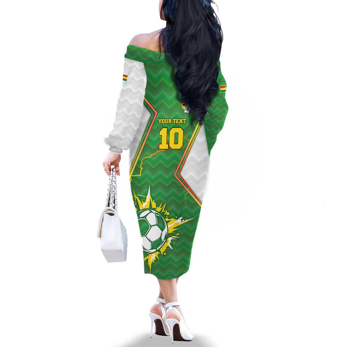 Personalized Bolivia La Verde Soccer Family Matching Off The Shoulder Long Sleeve Dress and Hawaiian Shirt with Number and Flaming Ball Graphic TS04