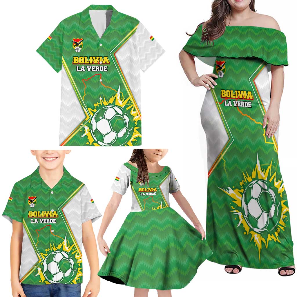 Personalized Bolivia La Verde Soccer Family Matching Off Shoulder Maxi Dress and Hawaiian Shirt with Number and Flaming Ball Graphic