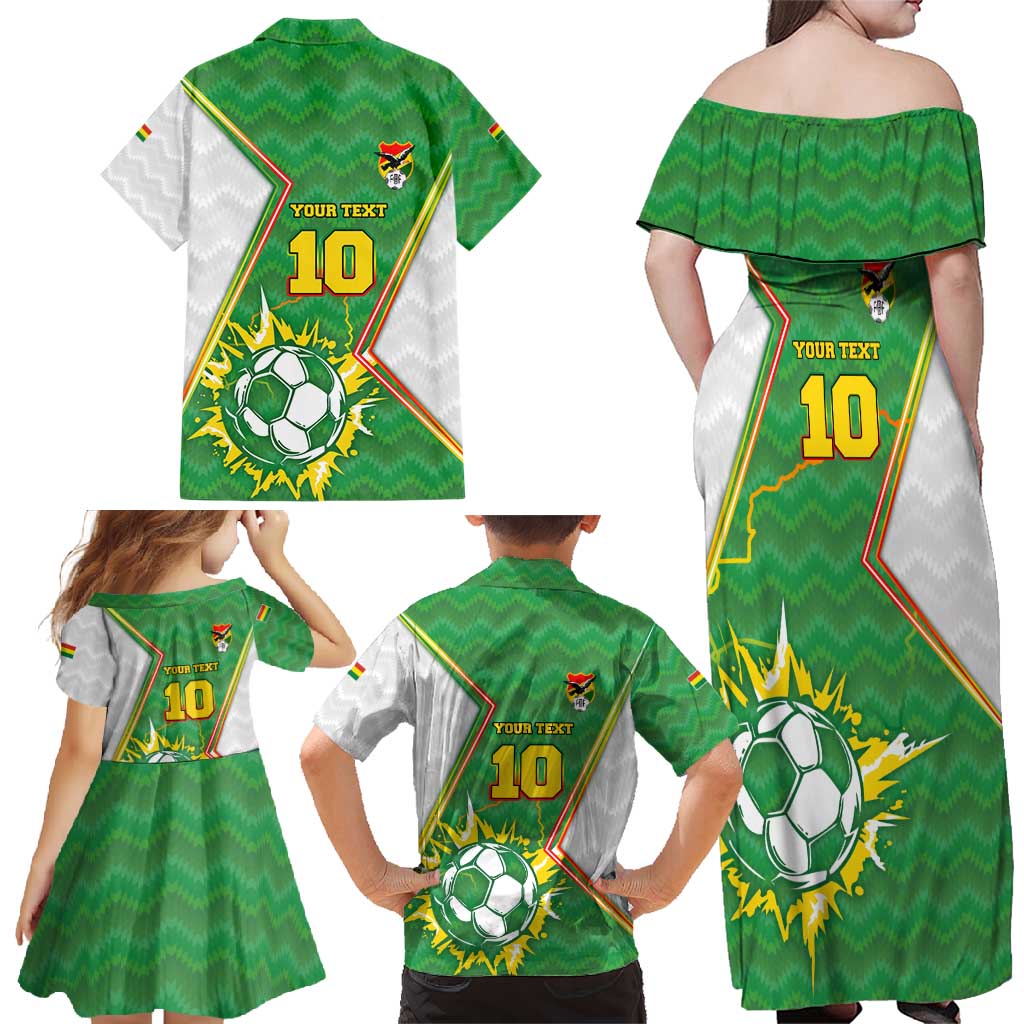 Personalized Bolivia La Verde Soccer Family Matching Off Shoulder Maxi Dress and Hawaiian Shirt with Number and Flaming Ball Graphic TS04