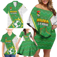 Personalized Bolivia La Verde Soccer Family Matching Off Shoulder Short Dress and Hawaiian Shirt with Number and Flaming Ball Graphic