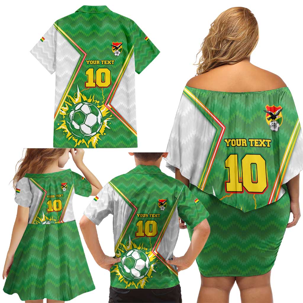 Personalized Bolivia La Verde Soccer Family Matching Off Shoulder Short Dress and Hawaiian Shirt with Number and Flaming Ball Graphic TS04