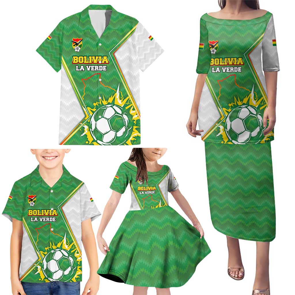 Personalized Bolivia La Verde Soccer Family Matching Puletasi and Hawaiian Shirt with Number and Flaming Ball Graphic