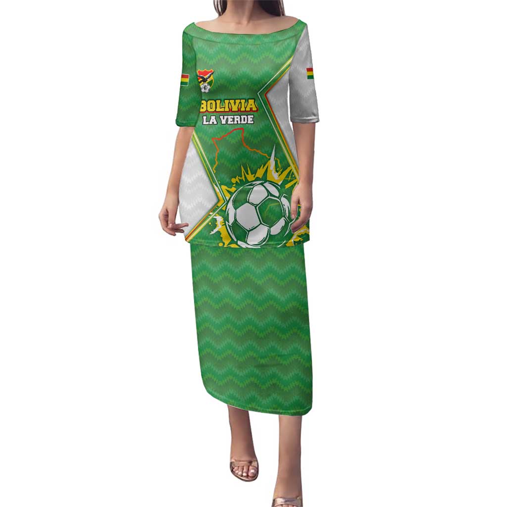 Personalized Bolivia La Verde Soccer Family Matching Puletasi and Hawaiian Shirt with Number and Flaming Ball Graphic