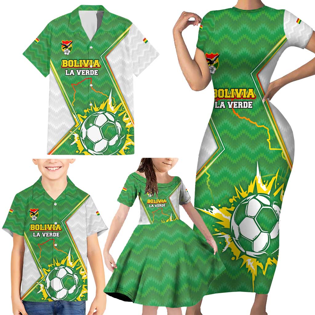 Personalized Bolivia La Verde Soccer Family Matching Short Sleeve Bodycon Dress and Hawaiian Shirt with Number and Flaming Ball Graphic