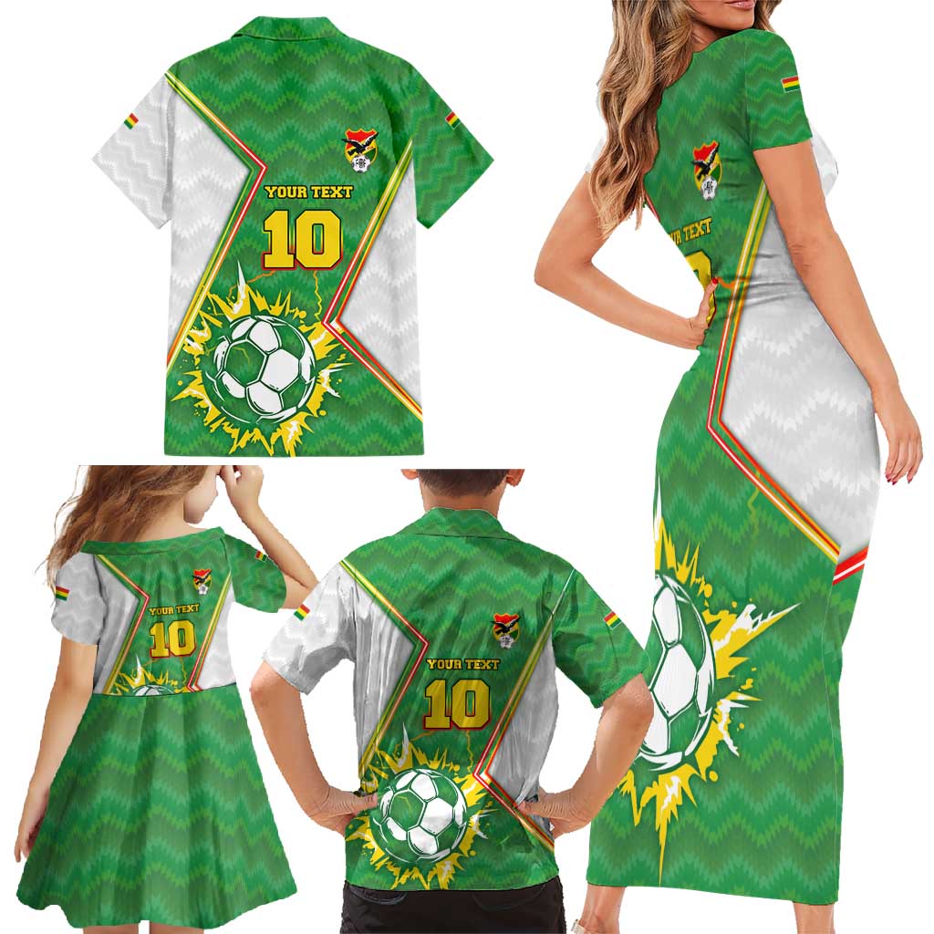 Personalized Bolivia La Verde Soccer Family Matching Short Sleeve Bodycon Dress and Hawaiian Shirt with Number and Flaming Ball Graphic TS04