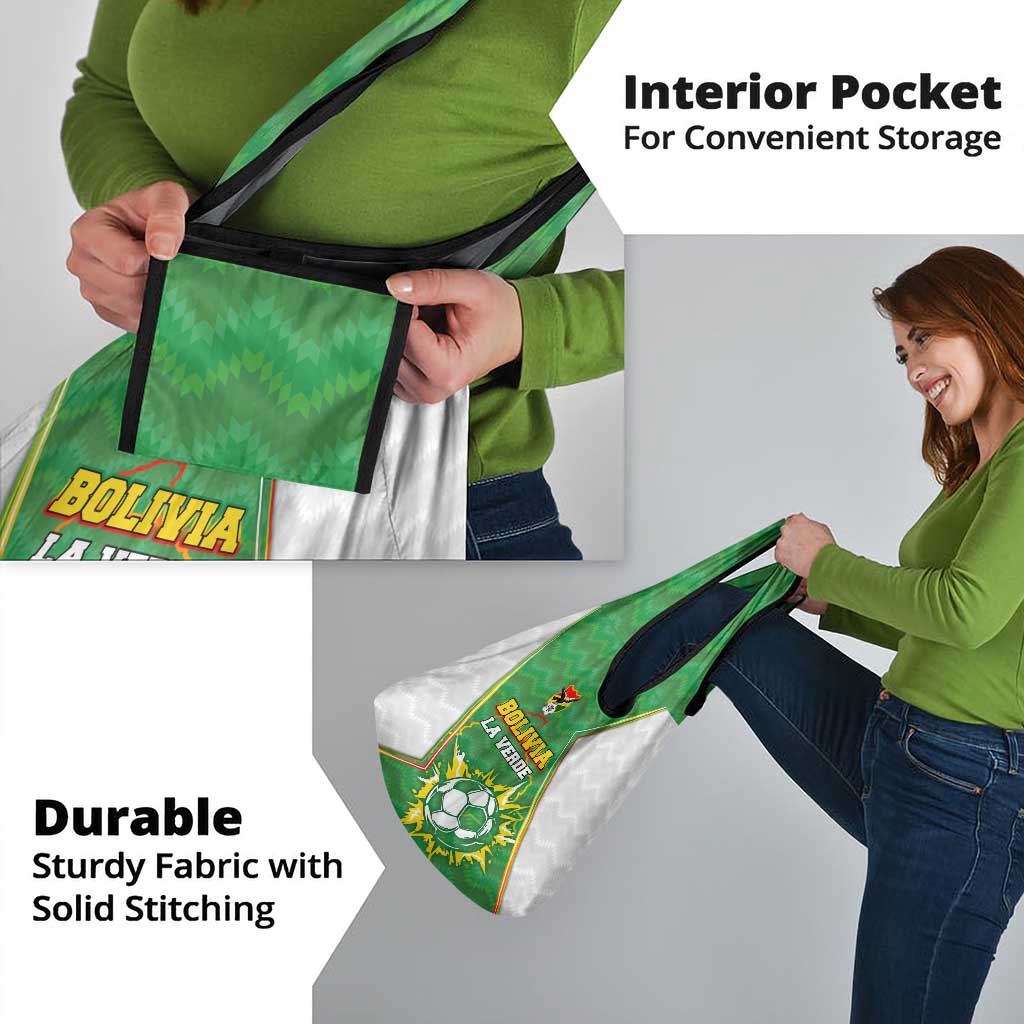 Bolivia La Verde Soccer Grocery Bag with Number and Flaming Ball Graphic
