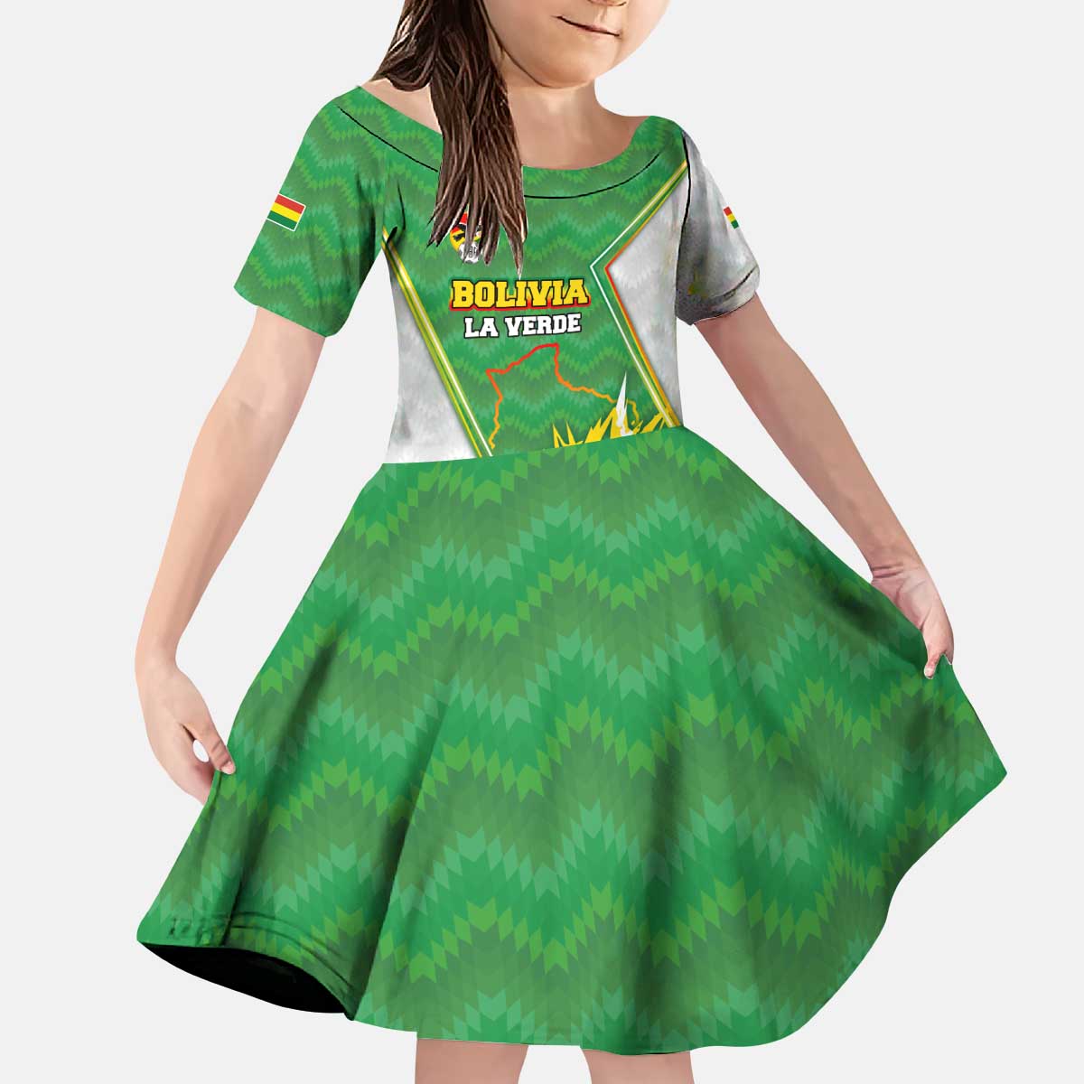 Personalized Bolivia La Verde Soccer Kid Short Sleeve Dress with Number and Flaming Ball Graphic