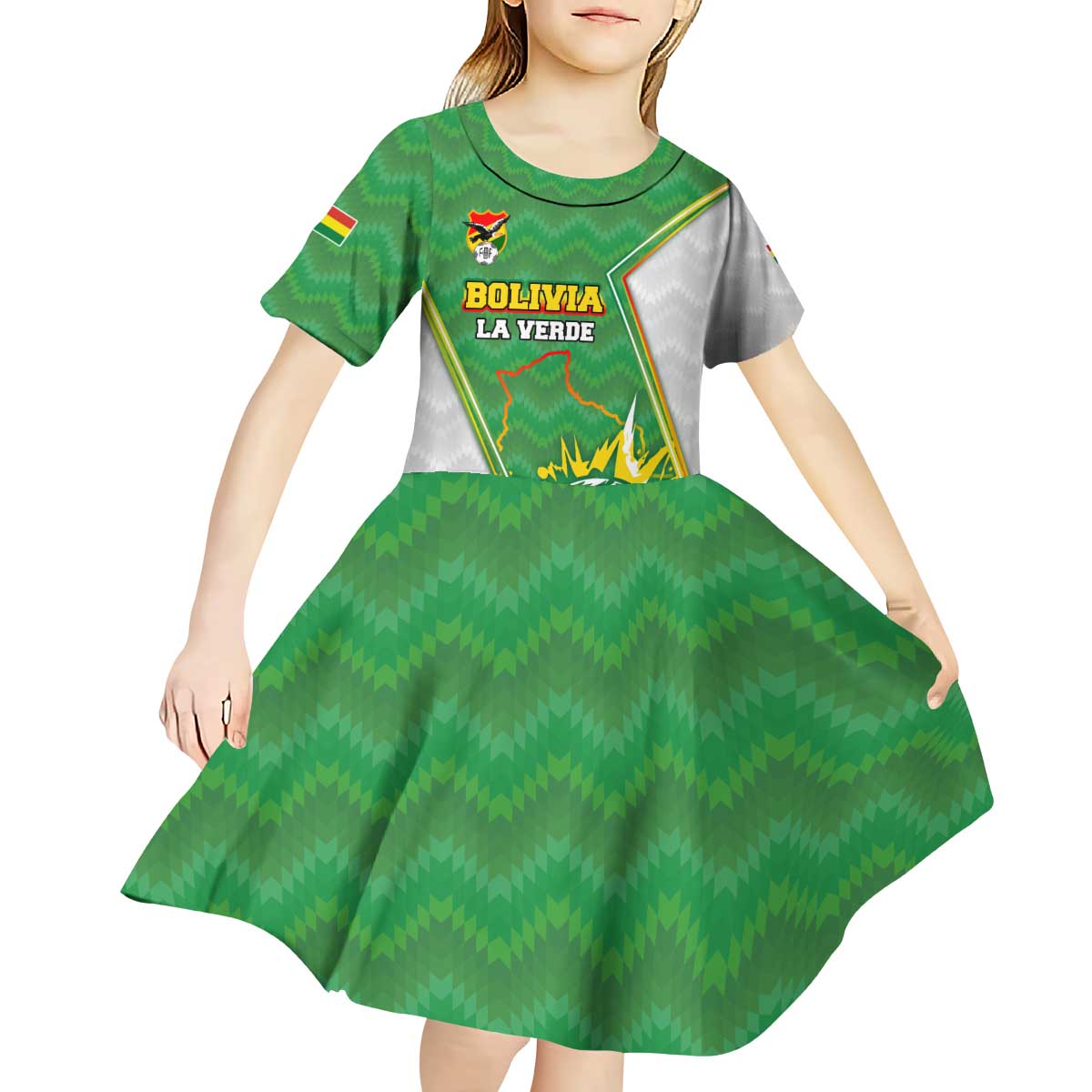 Personalized Bolivia La Verde Soccer Kid Short Sleeve Dress with Number and Flaming Ball Graphic