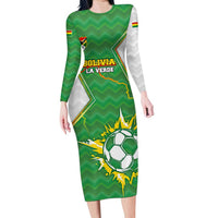 Personalized Bolivia La Verde Soccer Long Sleeve Bodycon Dress with Number and Flaming Ball Graphic