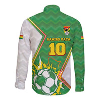 Personalized Bolivia La Verde Soccer Long Sleeve Button Shirt with Number and Flaming Ball Graphic