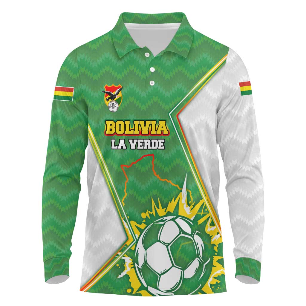 Personalized Bolivia La Verde Soccer Long Sleeve Polo Shirt with Number and Flaming Ball Graphic